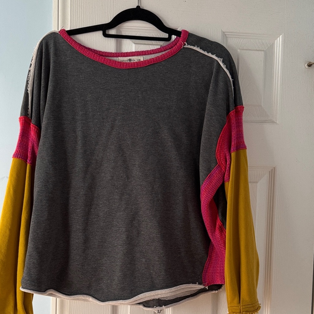 NATURAL LIFE Gray Colorblock Sweatshirt with Pink Trim and Mustard Sleeves